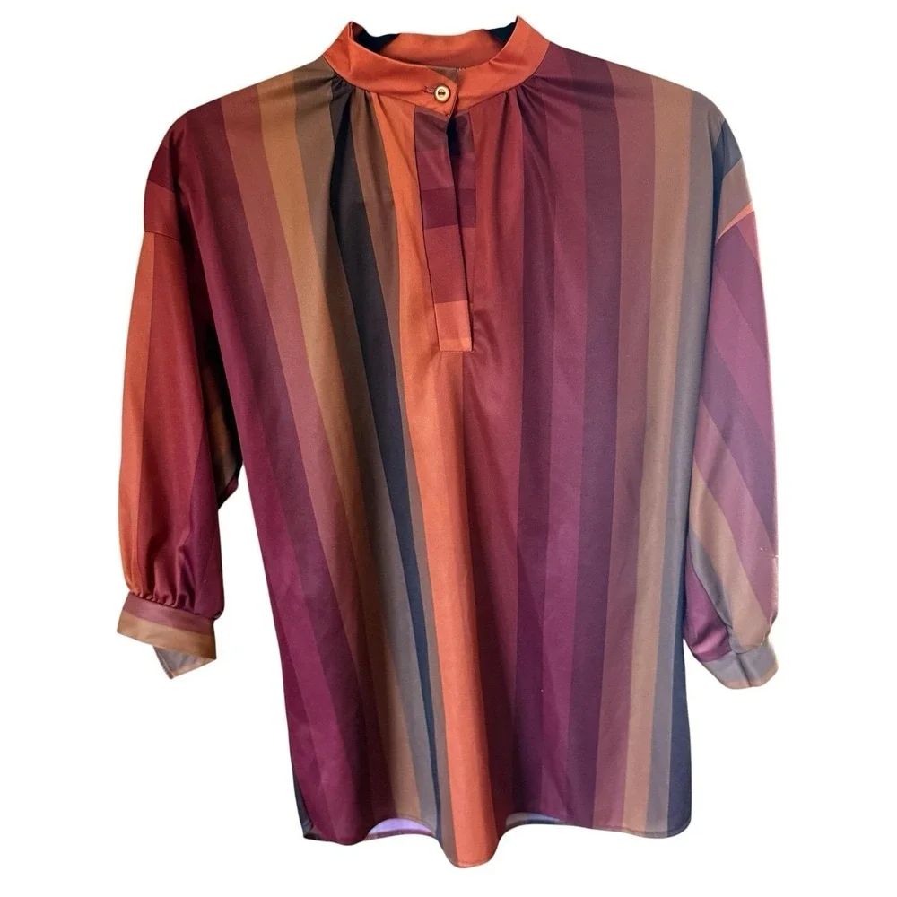 Vintage 70s Sears Blouse Small Top Balloon Sleeve Mandarin Collar Disco Striped - Picture 2 of 16
